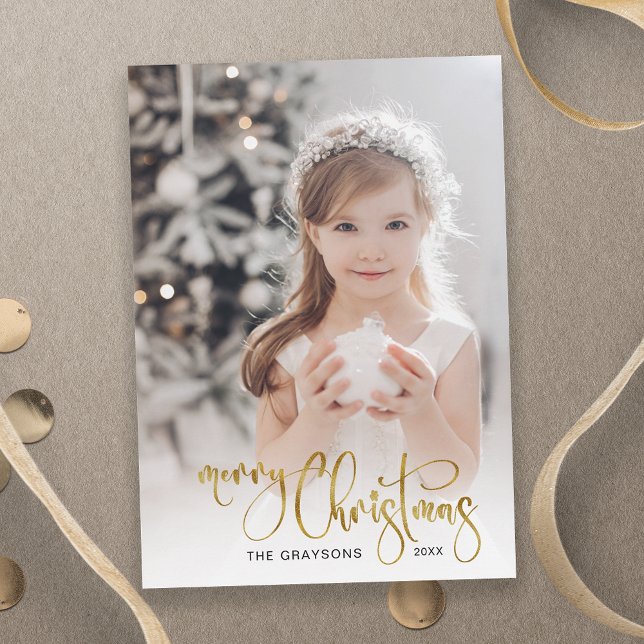 Elegant Gold Merry Christmas Calligraphy Photo Holiday Card (Creator Uploaded)