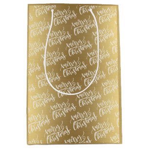 Elegant Gold Merry Christmas Calligraphy Script Medium Gift Bag