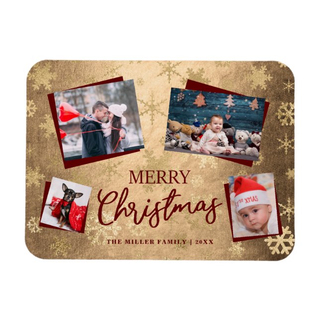 Elegant Gold Merry Christmas Custom Photo Collage Magnet (Horizontal)