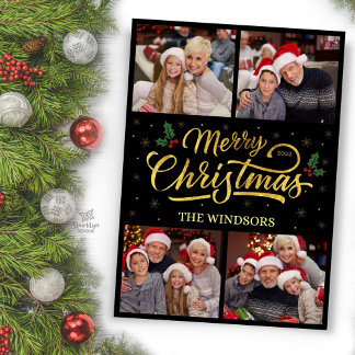 Elegant Gold Merry Christmas Holly Photo Collage Holiday Card