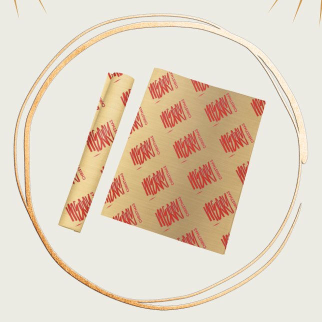 Elegant Gold Merry Christmas Modern Red  Wrapping Paper (Creator Uploaded)