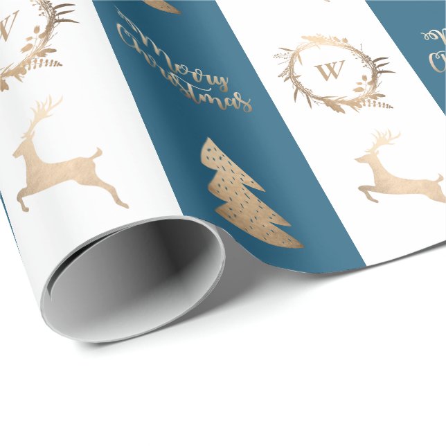 Elegant Gold Merry Christmas Monogram  Wrapping Paper (Roll Corner)