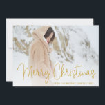 Elegant Gold Merry Christmas Photo Holiday Card<br><div class="desc">Send out holiday cheer with this modern flat Christmas card featuring a simple design with the words "Merry Christmas" in an elegant thin faux gold script,  along with your family name and year over your favourite horizontal photo.  The backside has a holly pattern.</div>