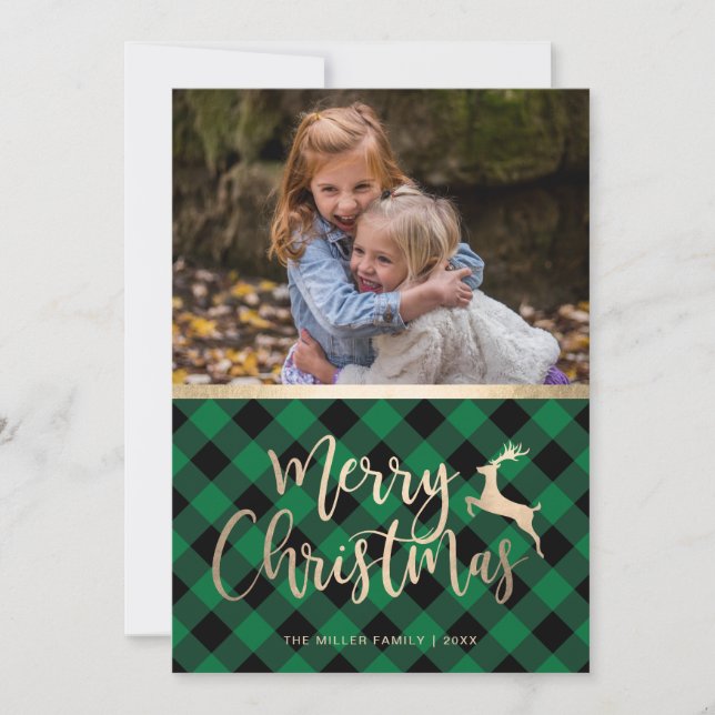 Elegant Gold Merry Christmas Plaid Custom Photo Holiday Card (Front)