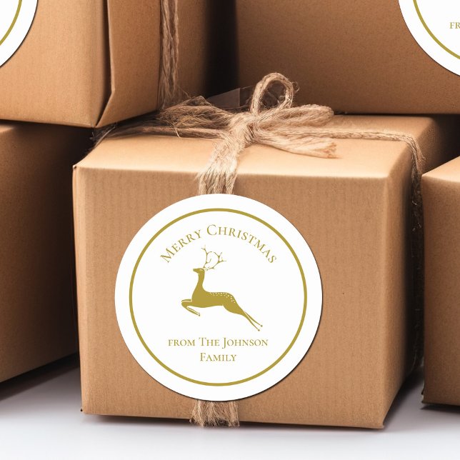 Elegant Gold Merry Christmas Reindeer Custom Gift Classic Round Sticker (Creator Uploaded)