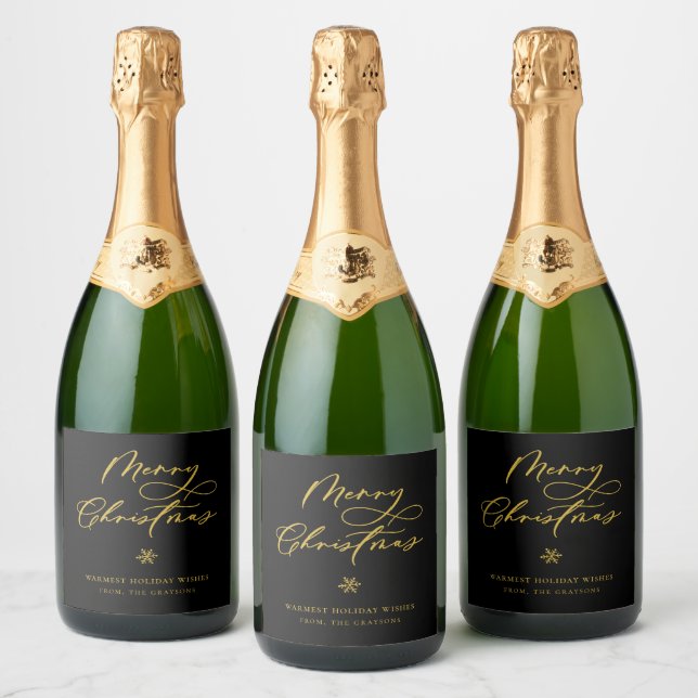 Elegant Gold Merry Christmas Script Holiday Sparkling Wine Label (Bottles)