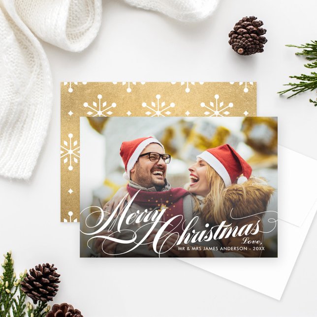 Elegant Gold Merry Christmas Script Photo Holiday Card (Creator Uploaded)