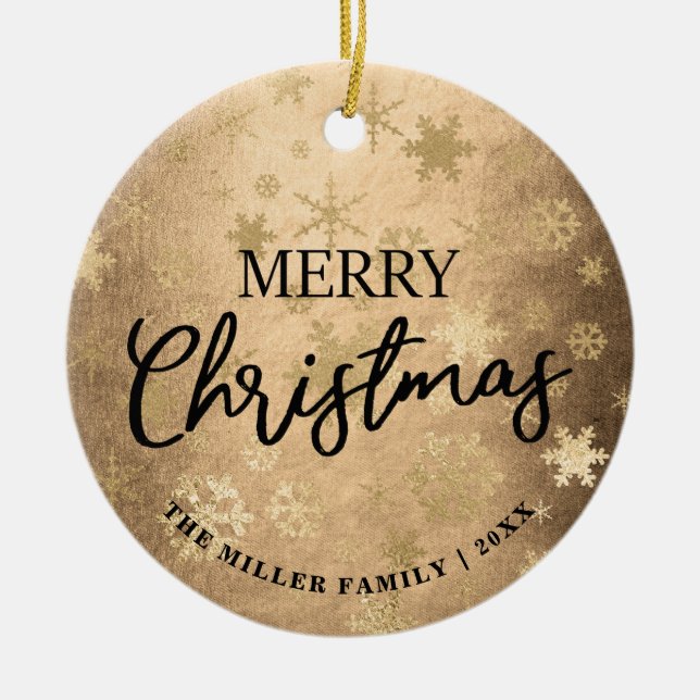 Elegant Gold Merry Christmas Snowflake Pattern Ceramic Tree Decoration (Front)