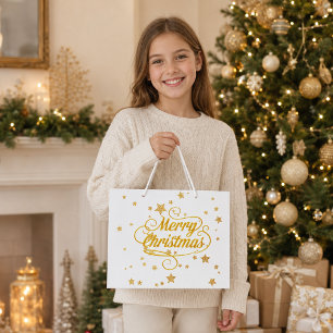 Elegant Gold Merry Christmas Stars Large Gift Bag