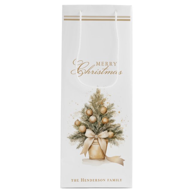 Elegant Gold Merry Christmas Tree Custom Name Wine Gift Bag (Front)