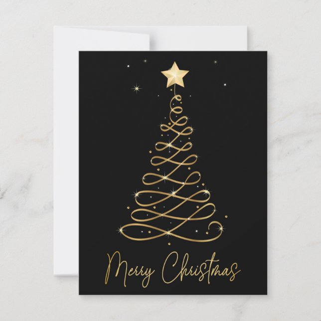Elegant Gold Merry Christmas Tree Flat Card (Front)