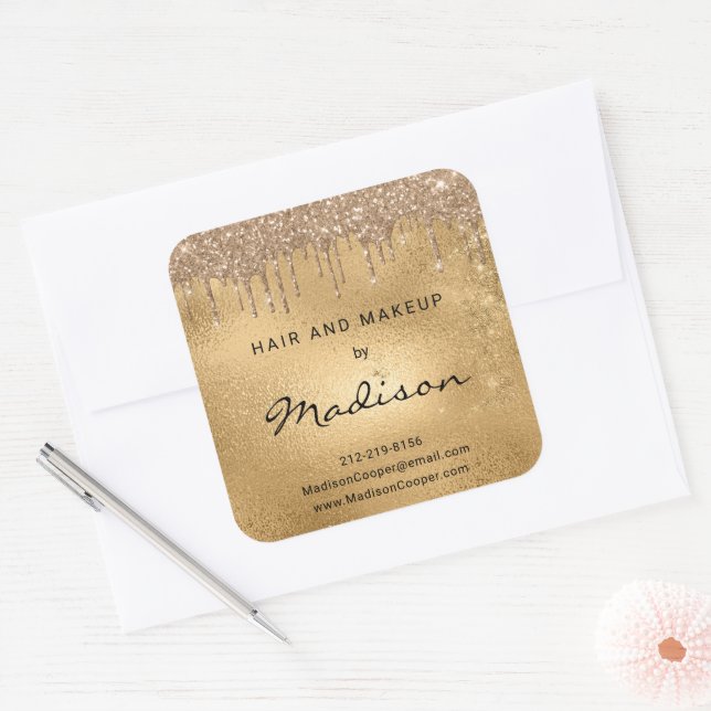 Elegant Gold Metal Glitter Drip Hair And Makeup Square Sticker (Envelope)