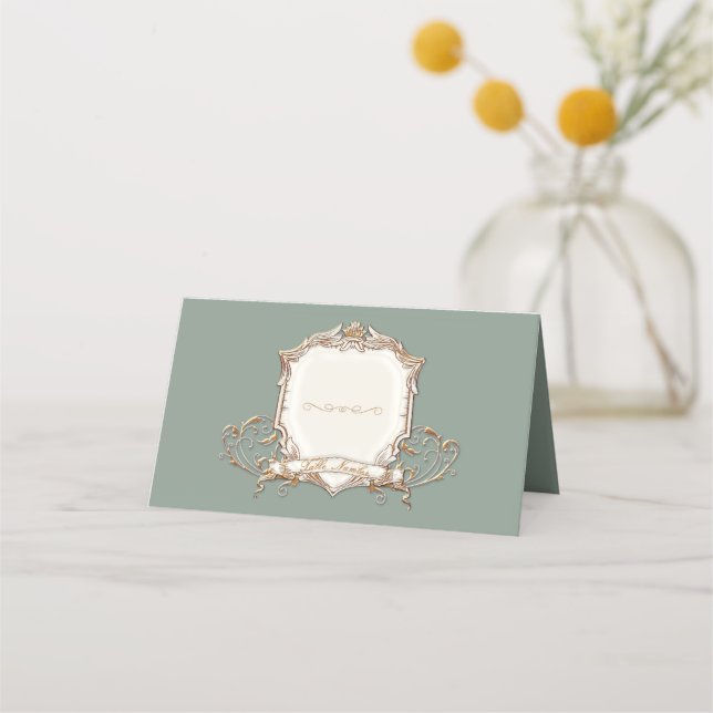 Elegant Gold Metallic n Sage Mint Swirls Wedding Place Card (Front)