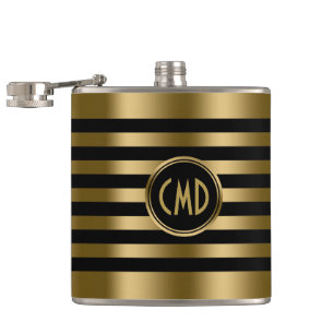 Elegant Gold Metallic Stripes Black background Hip Flask