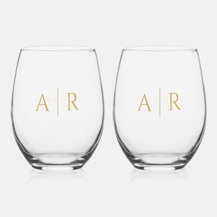 Elegant Gold Minimal Couple Initials Wedding Favou Stemless Wine Glass