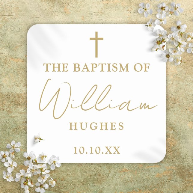 Elegant Gold Minimalist Baptism Christening Square Sticker (Elegant Gold Minimalist Baptism Christening Square Sticker)