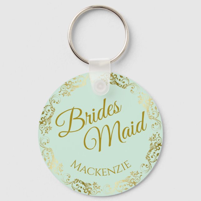 Elegant Gold & Mint Green Bridesmaid Wedding Key Ring (Front)