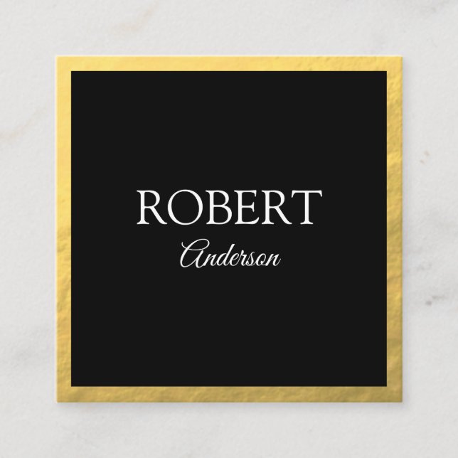 Elegant gold modern minimalist black square business card (Front)