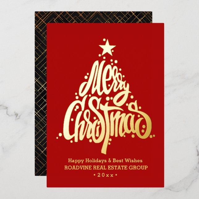 Elegant Gold Modern Script Red Merry Christmas (Front/Back)