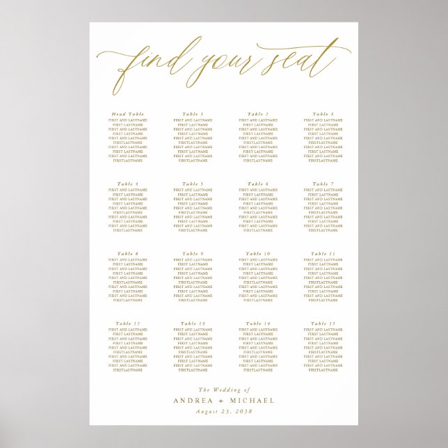 Elegant Gold Modern Wedding Seating Chart Poster (Front)