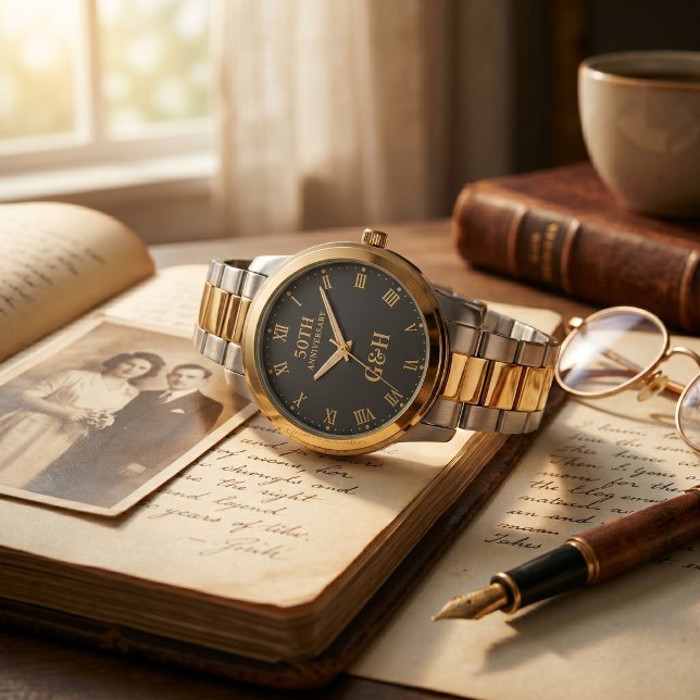 Elegant Gold Monogram 50th Wedding Anniversary  Watch (50th Golden Anniversary Elegant Monogram Watch)