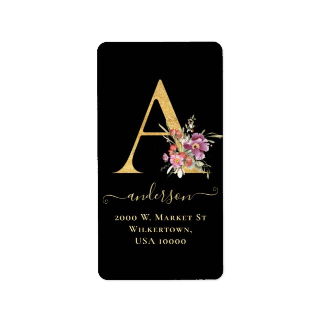 Elegant Gold Monogram A Floral Address Label (Front)