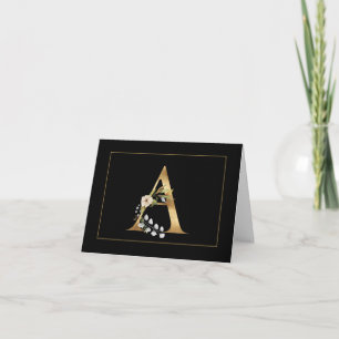 Elegant Gold Monogram A with Flowers Note Card
