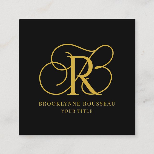Elegant Gold Monogram Black Business Card (Front)