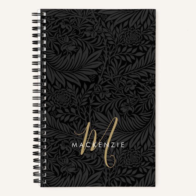 Elegant Gold Monogram Black Floral Pattern Notebook (Front)