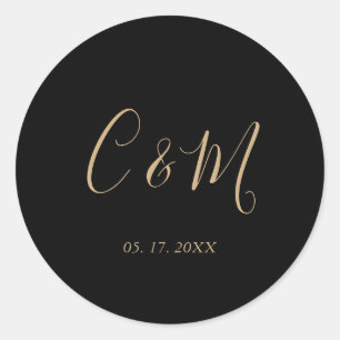 Elegant Gold Monogram Black Wedding Classic Round Sticker