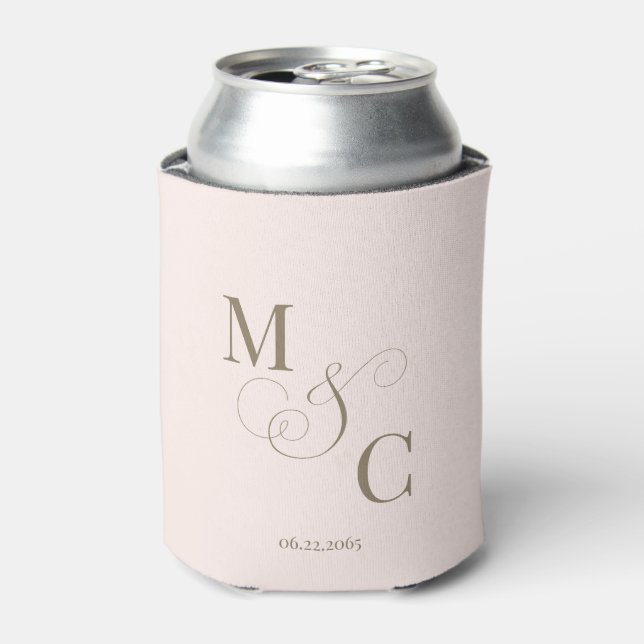 Elegant Gold Monogram Blush Wedding Can Cooler (Can Front)