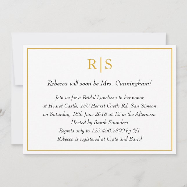 Elegant Gold Monogram Bridal Luncheon Invitation (Front)