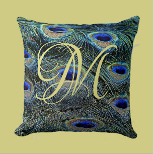 Elegant Gold Monogram Colourful Peacock Feathers Cushion