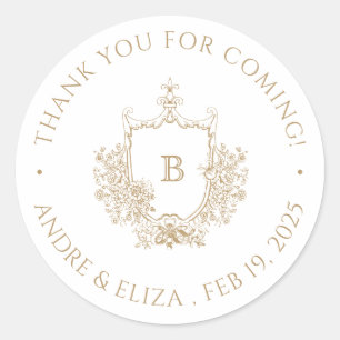 Elegant Gold Monogram Crest Classic Round Sticker