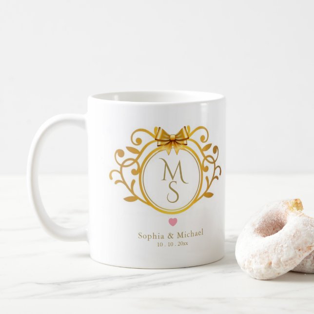 Elegant Gold Monogram Crest Personalised Wedding Coffee Mug (With Donut)