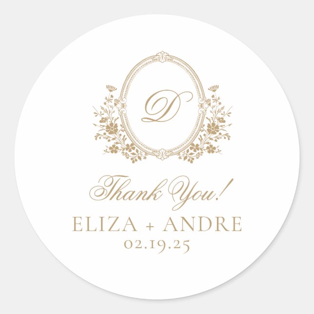 Elegant Gold Monogram Crest Wedding Classic Round Classic Round Sticker (Front)