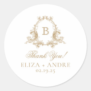 Elegant Gold Monogram Crest Wedding Classic Round Sticker