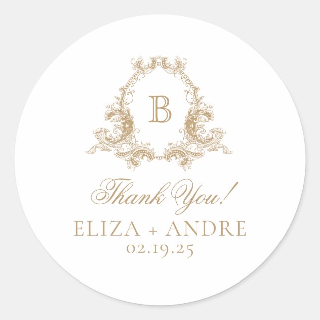 Elegant Gold Monogram Crest Wedding Classic Round Sticker (Front)