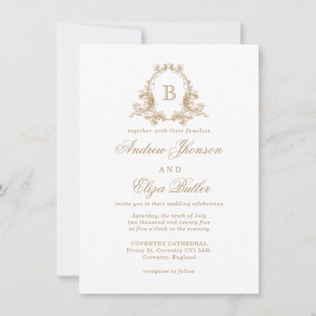 Elegant Gold Monogram Crest Wedding Invitation (Front)