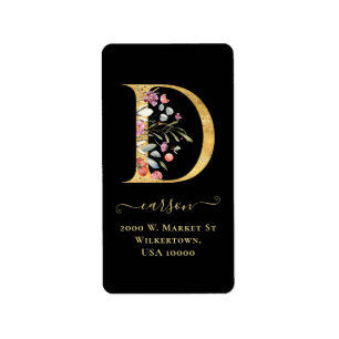 Elegant Gold Monogram D Floral Address Label