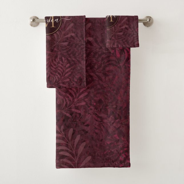 Elegant Gold Monogram Floral Brown Maroon Bath Towel Set (Insitu)