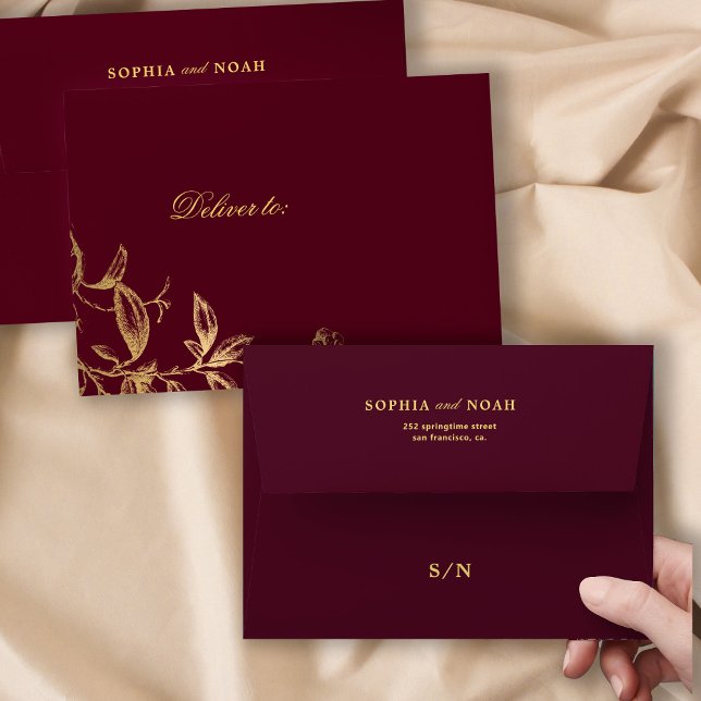 Elegant gold monogram floral burgundy wedding envelope (Creator Uploaded)