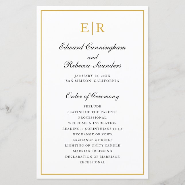Elegant Gold Monogram Formal Wedding Program (Front)
