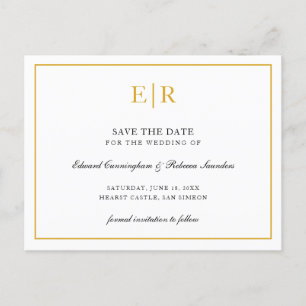 Elegant Gold Monogram Formal Wedding Save the Date Announcement Postcard
