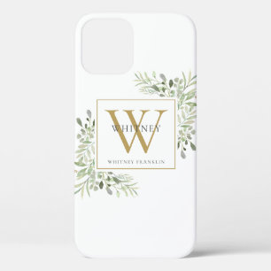 Elegant Gold Monogram Greenery iPhone 12 Case