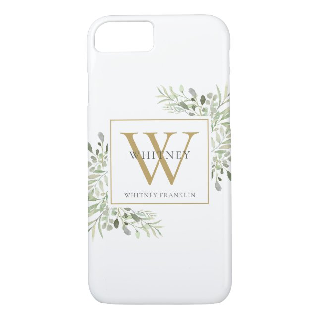 Elegant Gold Monogram Greenery Case-Mate iPhone Case (Back)