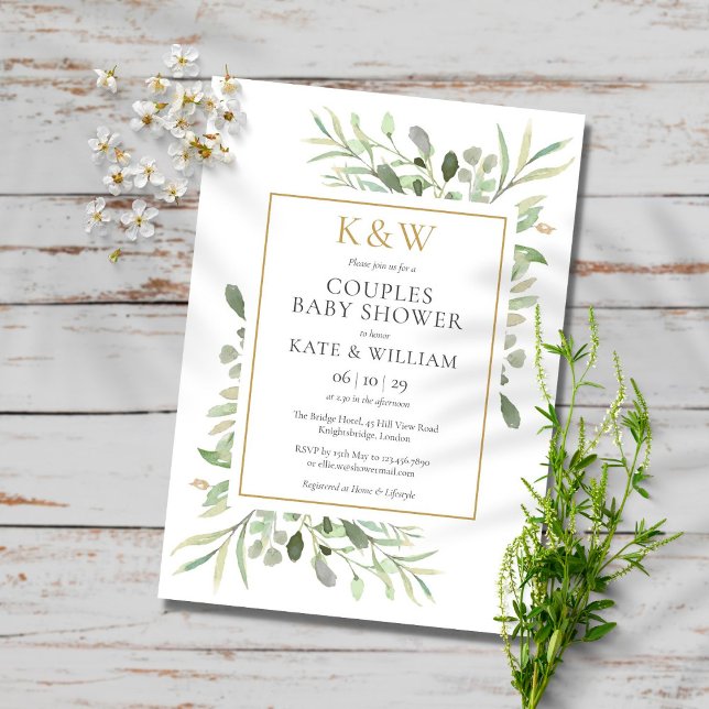 Elegant Gold Monogram Greenery Couples Baby Shower Invitation (Creator Uploaded)