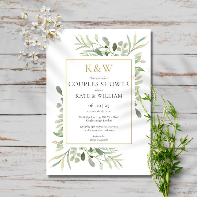 Elegant Gold Monogram Greenery Couples Shower Invitation (Creator Uploaded)