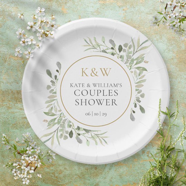Elegant Gold Monogram Greenery Couples Shower Paper Plate (Creator Uploaded)