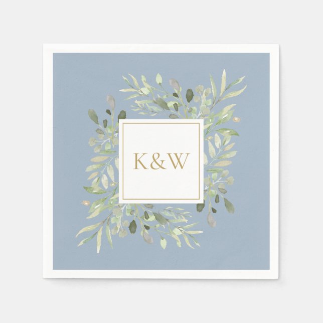 Elegant Gold Monogram Greenery Dusty Blue Napkin (Front)